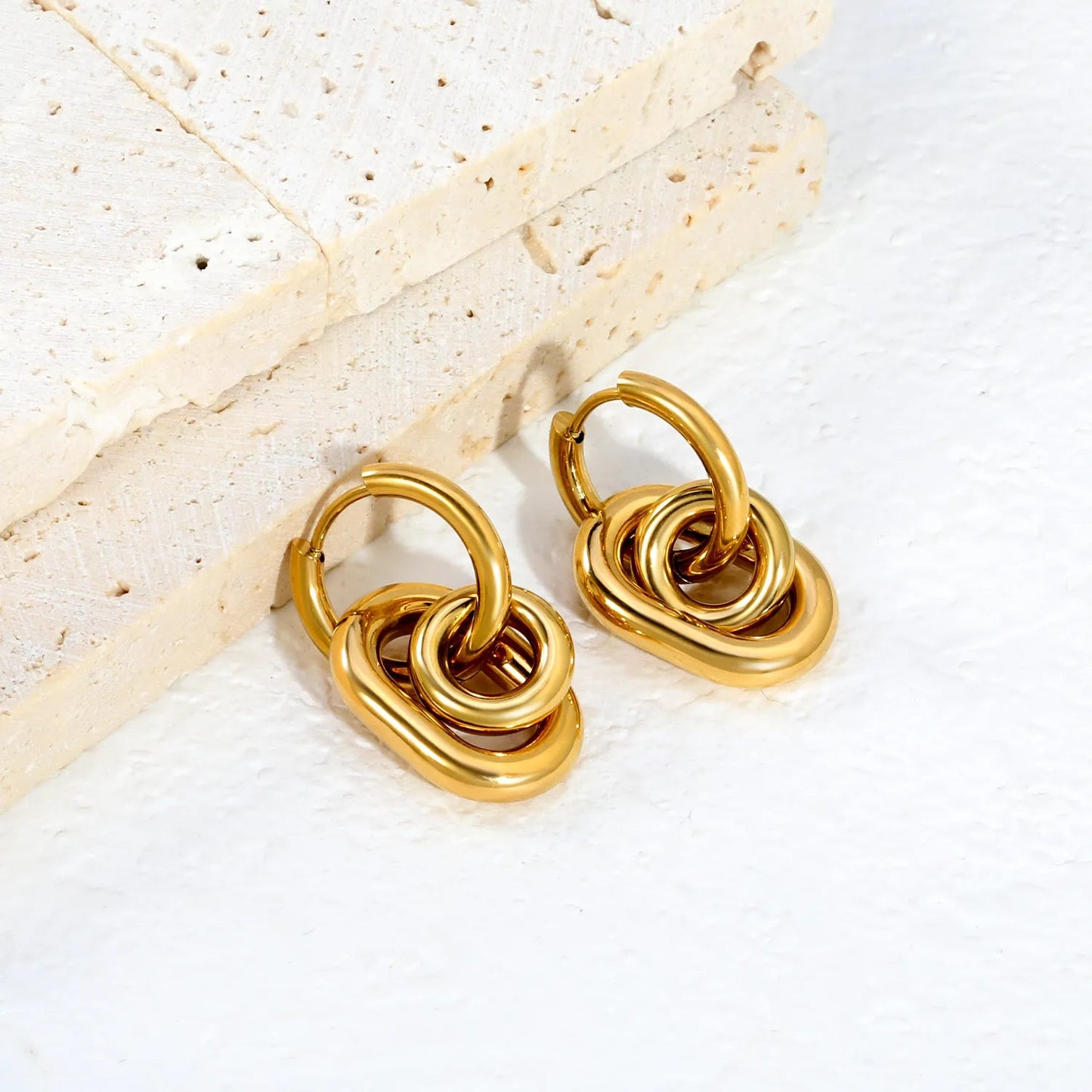 Chunky Triple Link Drop Hoop Earrings | Gold Stainless Steel