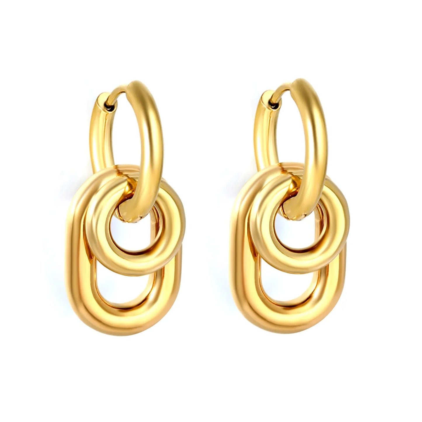 Chunky Triple Link Drop Hoop Earrings | Gold Stainless Steel