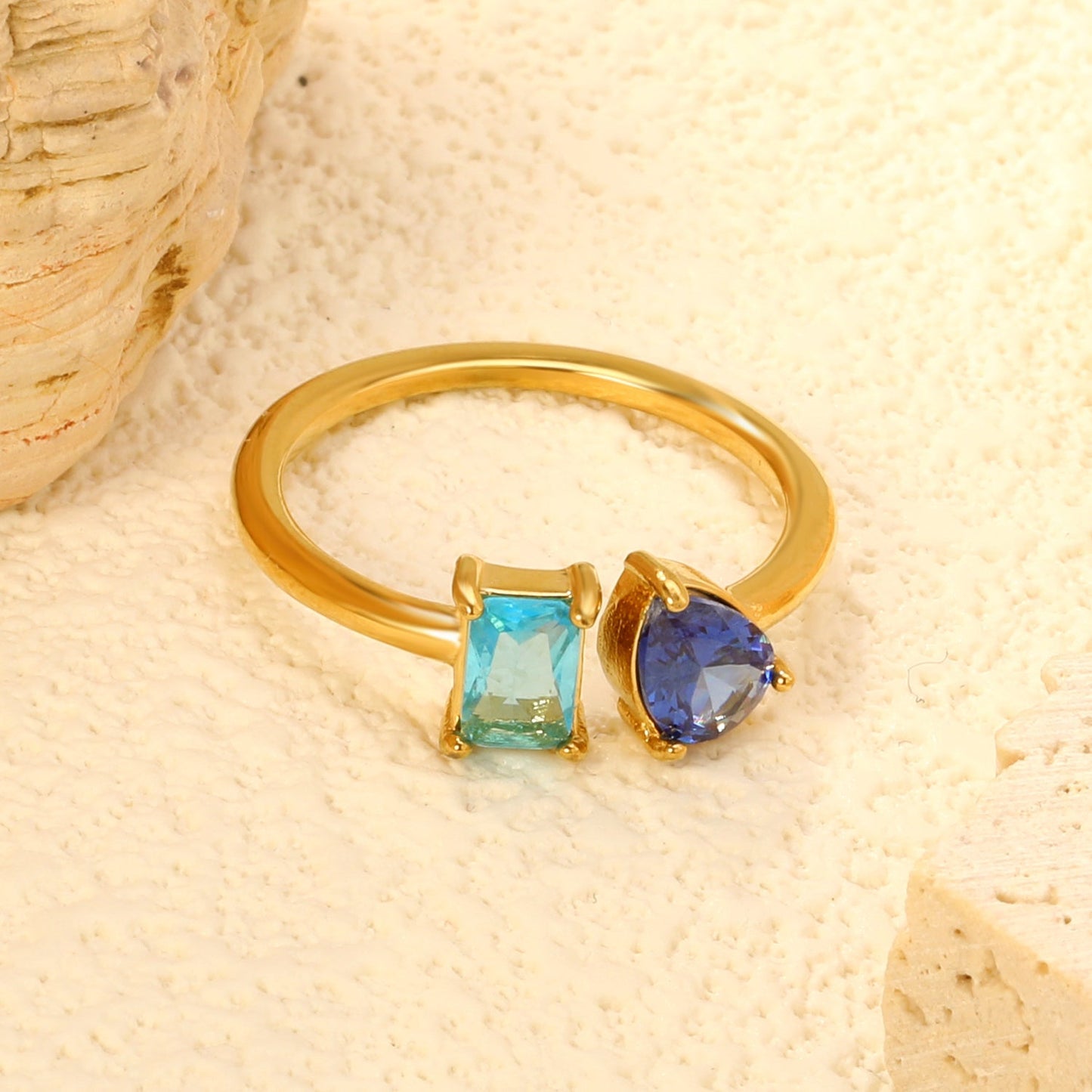Two Gemstone Open Ring Adjustable 304L Steel