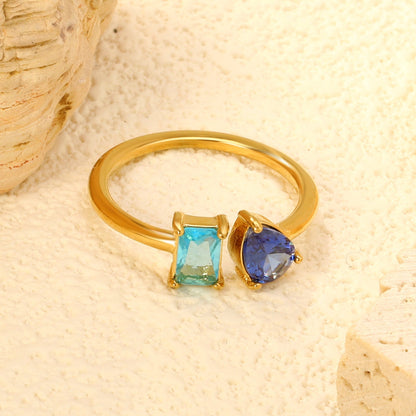 Two Gemstone Open Ring Adjustable 304L Steel