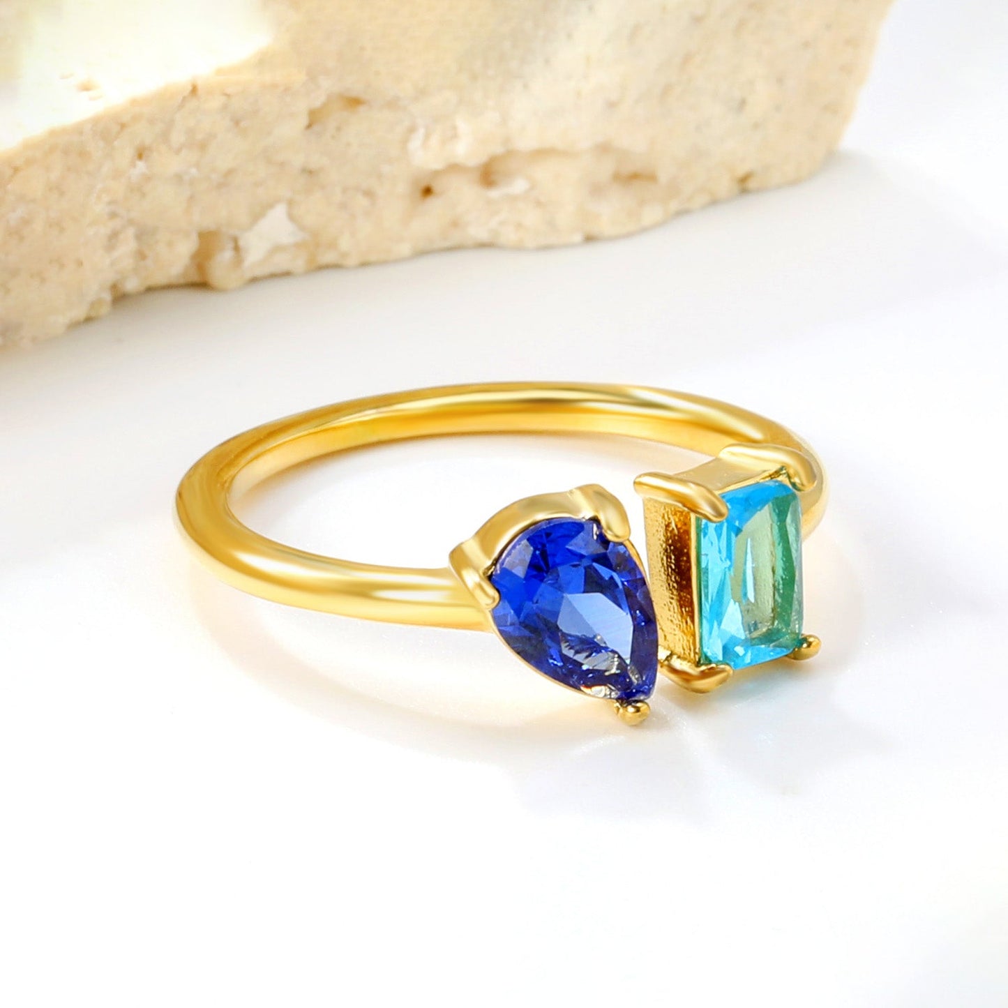Two Gemstone Open Ring Adjustable 304L Steel