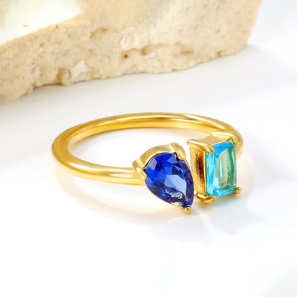 Two Gemstone Open Ring Adjustable 304L Steel