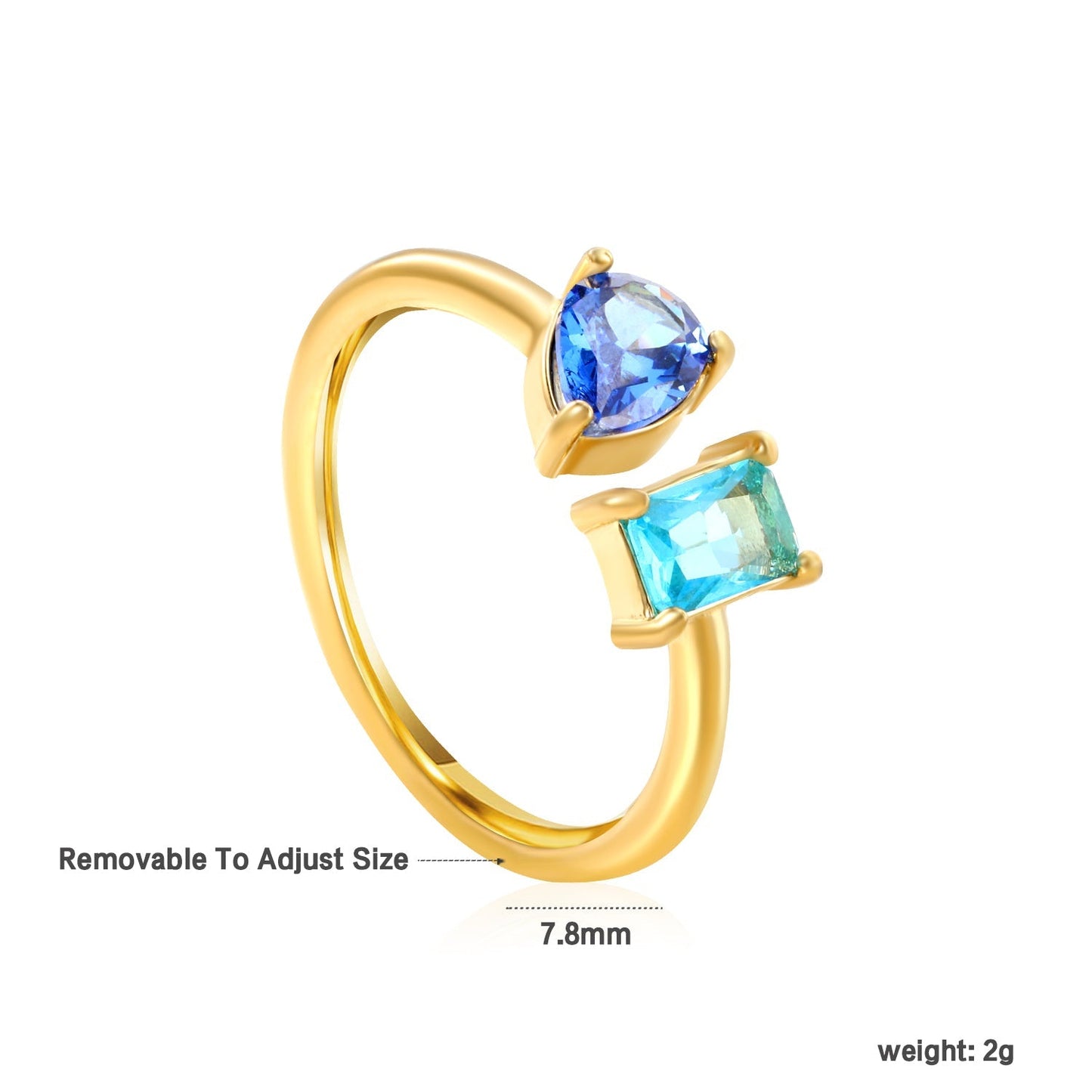 Two Gemstone Open Ring Adjustable 304L Steel