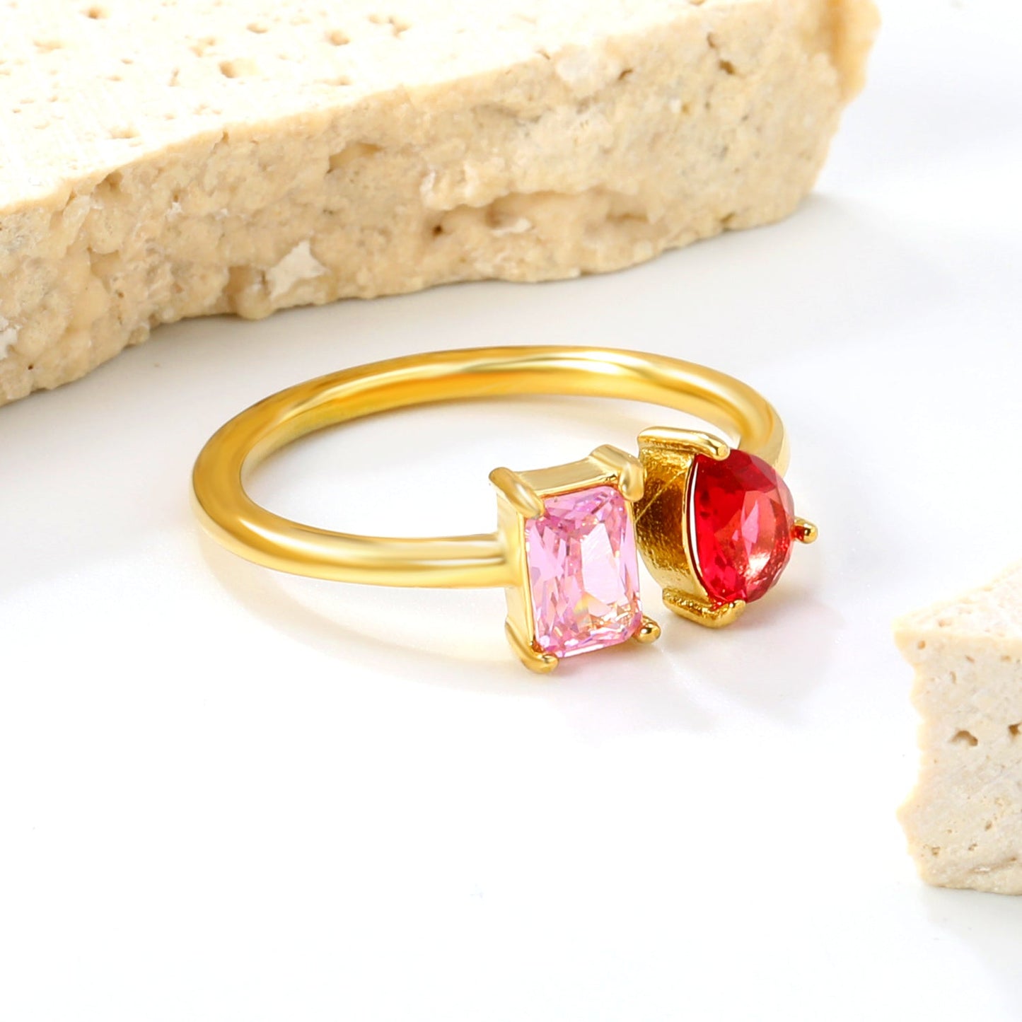 Two Gemstone Open Ring Adjustable 304L Steel