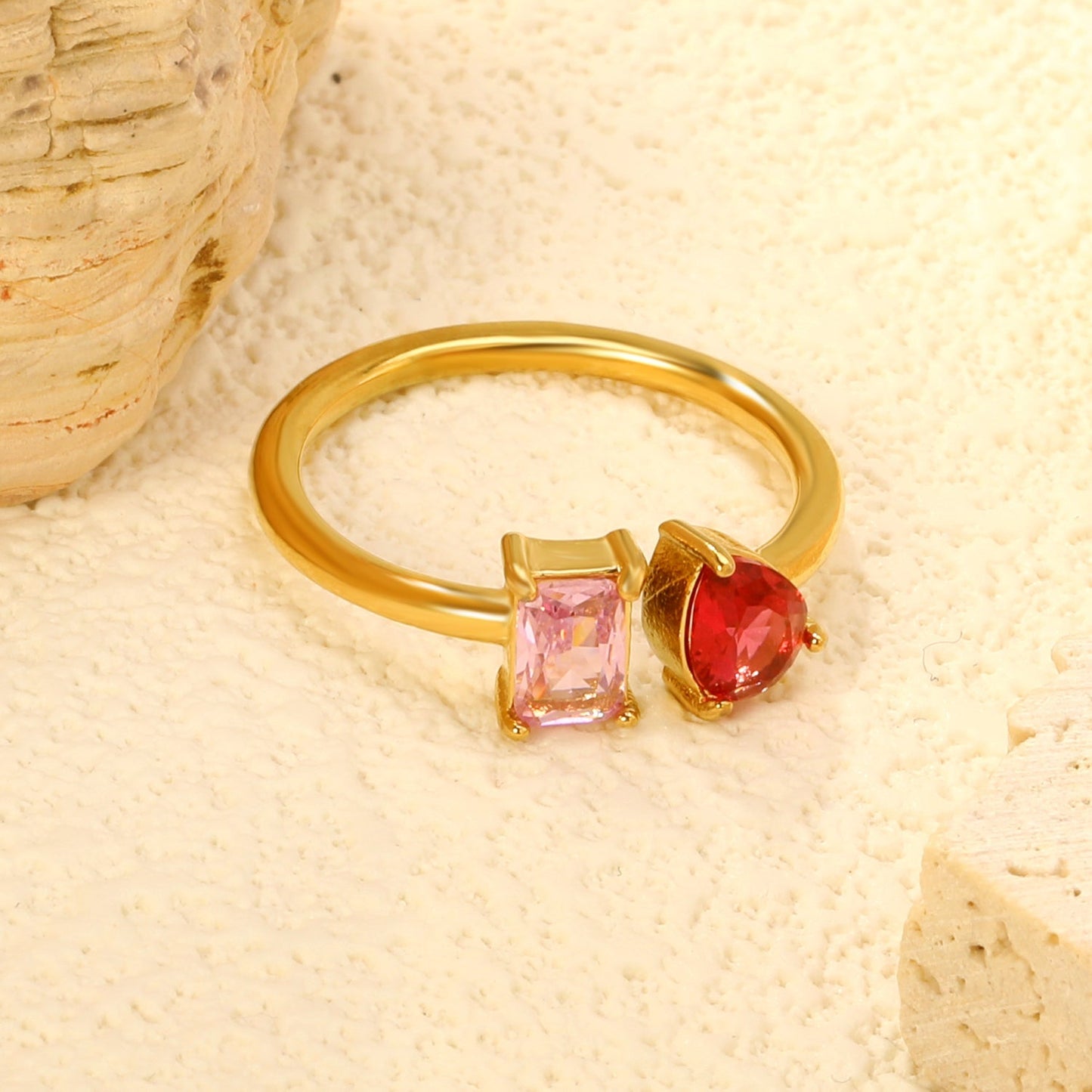 Two Gemstone Open Ring Adjustable 304L Steel