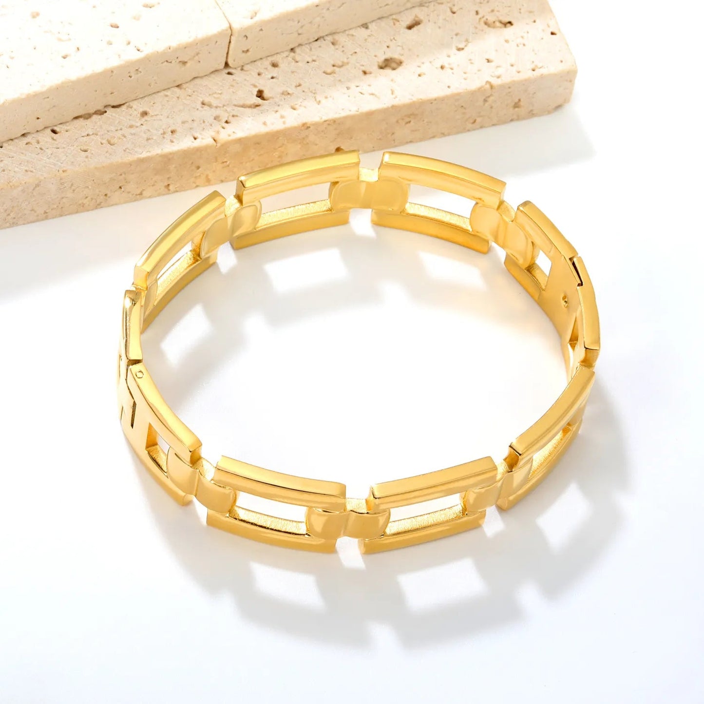 Unisex Watch Band Link Gold Bangle Waterproof Geometric Square Cutout Hinged Bangle