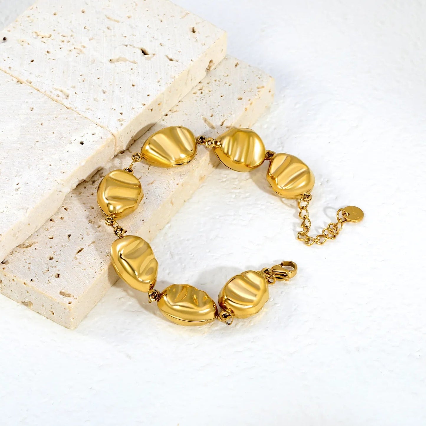 18K PVD Gold Plated Horizontal Wave Brushed Pebble Bracelet Non-Tarnish