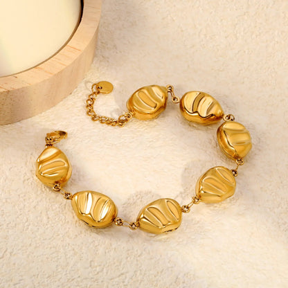18K PVD Gold Plated Horizontal Wave Brushed Pebble Bracelet Non-Tarnish