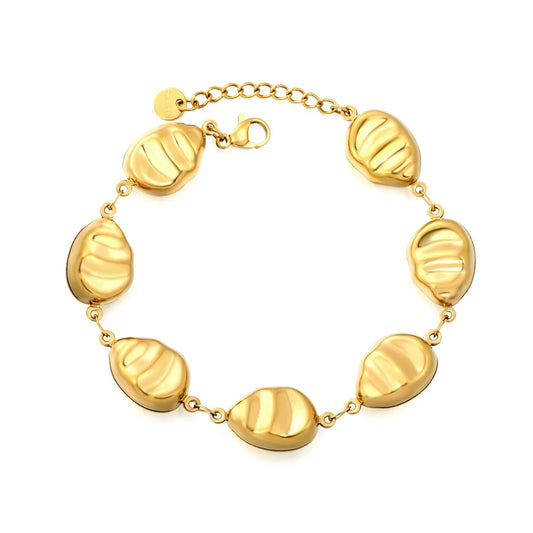 18K PVD Gold Plated Horizontal Wave Brushed Pebble Bracelet Non-Tarnish