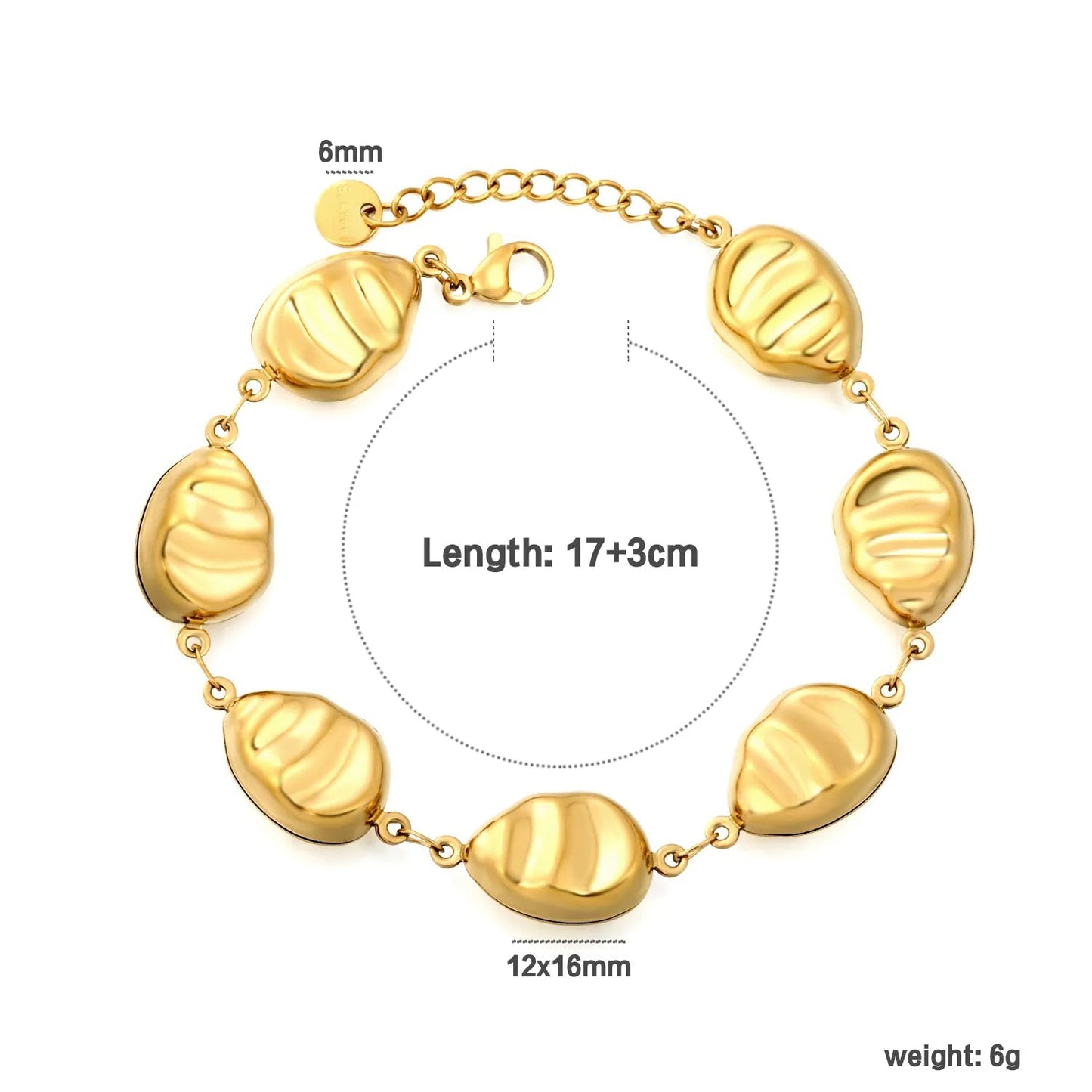 18K PVD Gold Plated Horizontal Wave Brushed Pebble Bracelet Non-Tarnish