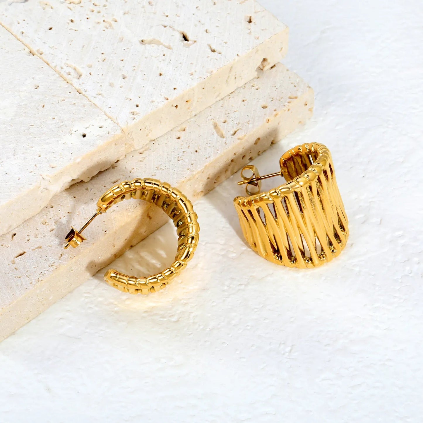 French Vintage Interwoven Textured Mesh Hollow C-Shape Large Stud Earrings