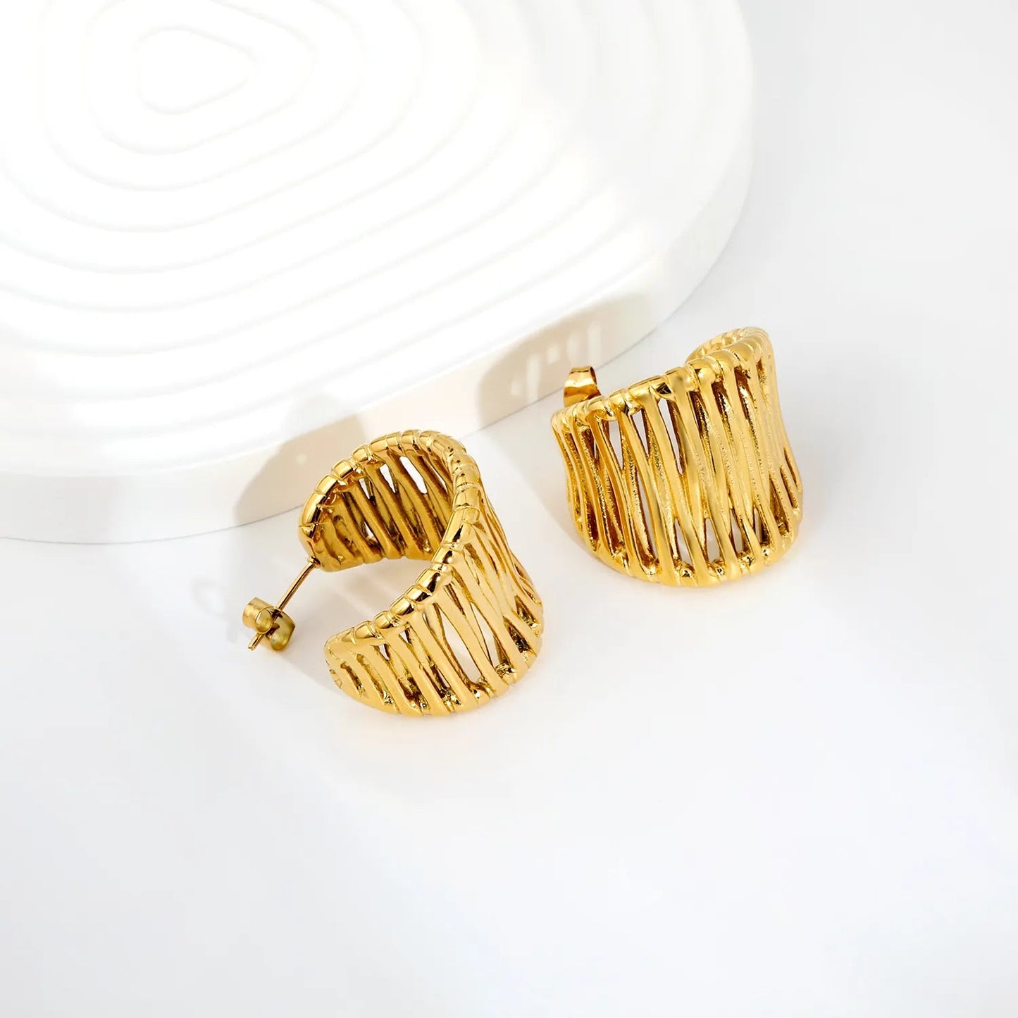 French Vintage Interwoven Textured Mesh Hollow C-Shape Large Stud Earrings