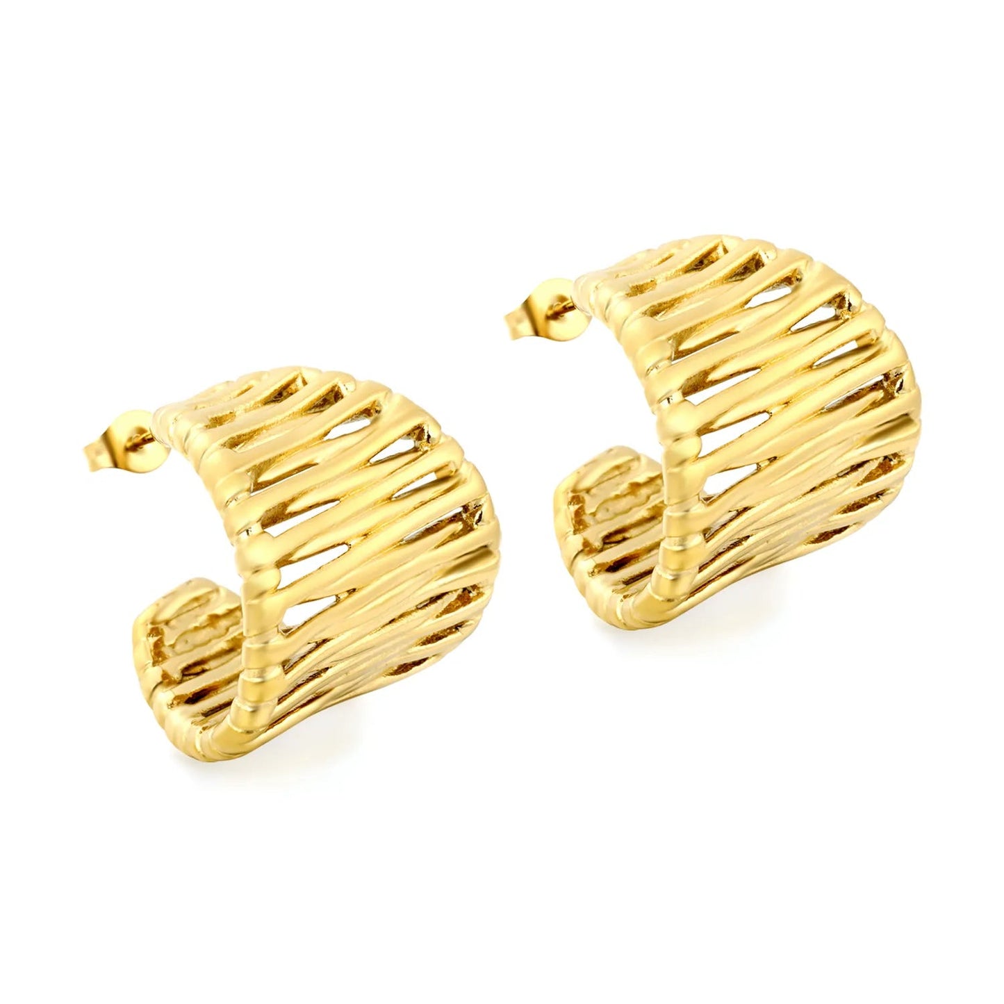French Vintage Interwoven Textured Mesh Hollow C-Shape Large Stud Earrings